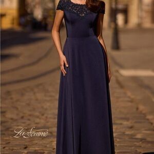 La Femme Navy Blue Lace Evening Gown